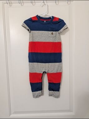 💥3/$24 GAP Baby Striped Short Sleeve Romper in Navy, Red, Gray 12-18m Patriotic
